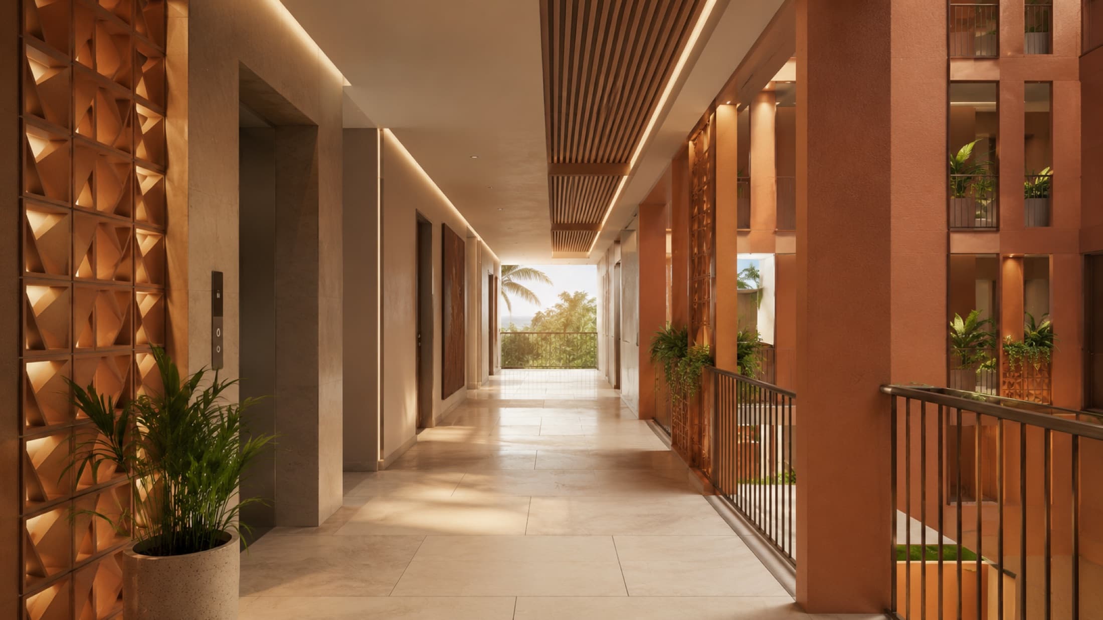 Air guided along the warm ventilated corridor beside the elevators