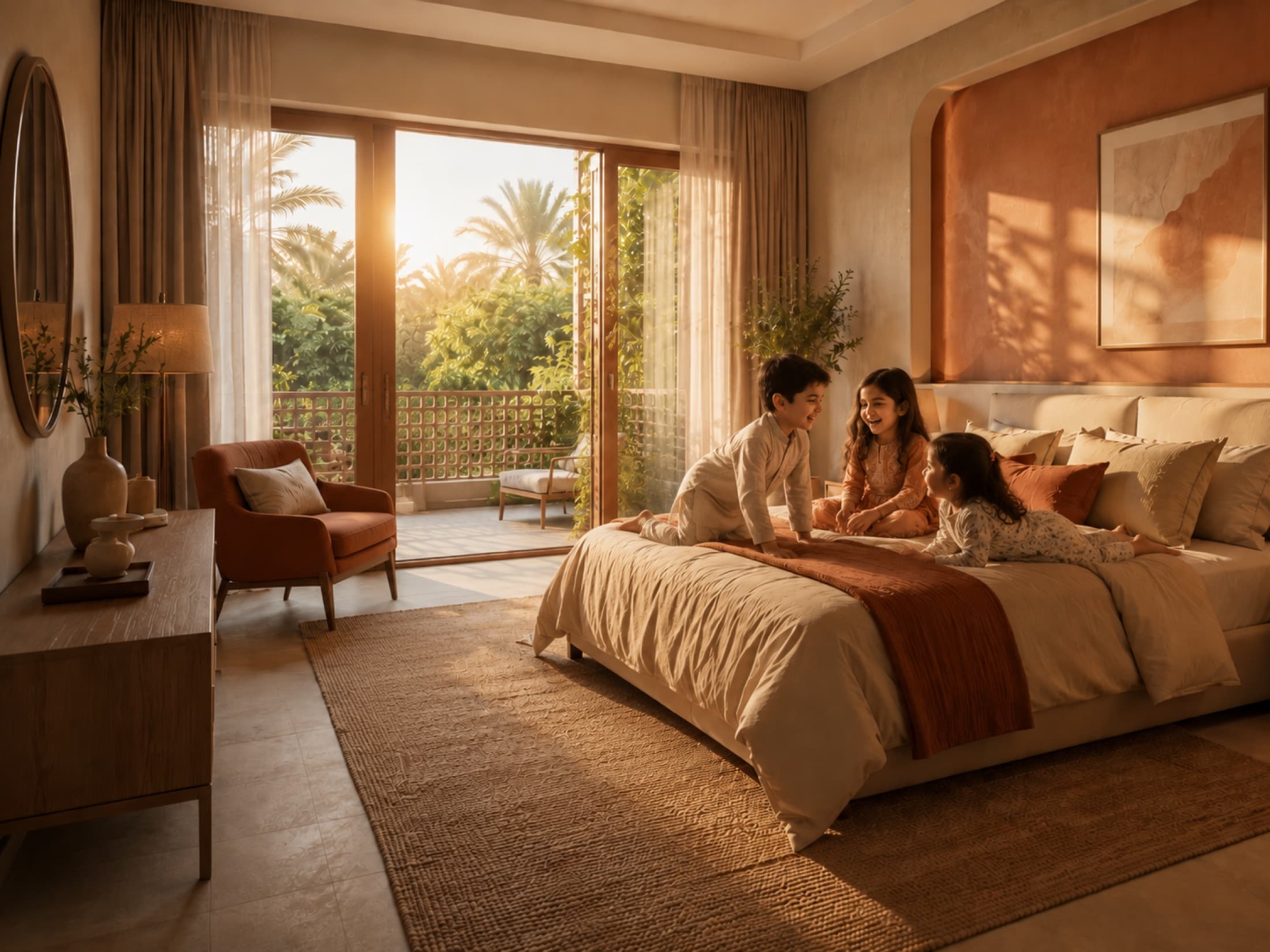 A refined bedroom with contemporary finishes and soft evening light