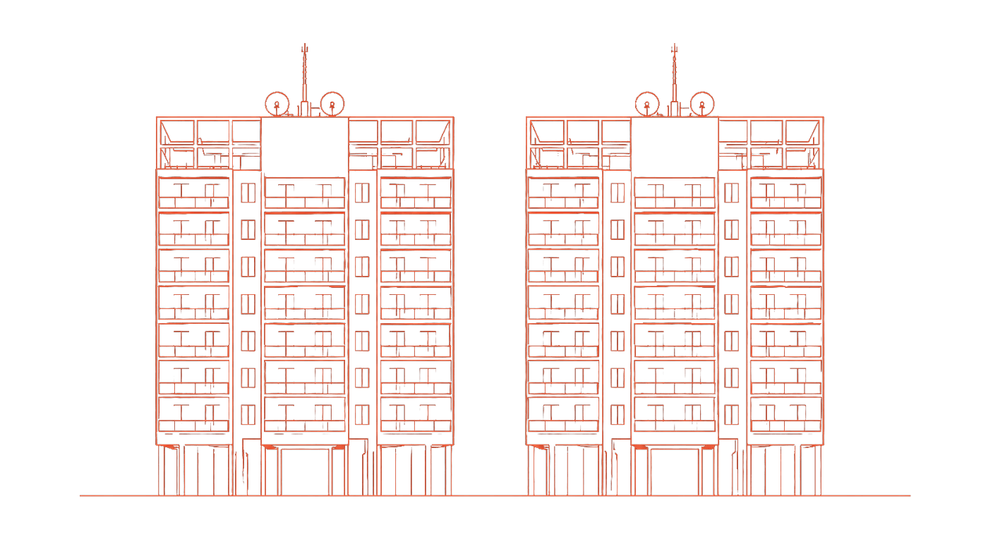 Architectural line drawing of the two residential blocks
