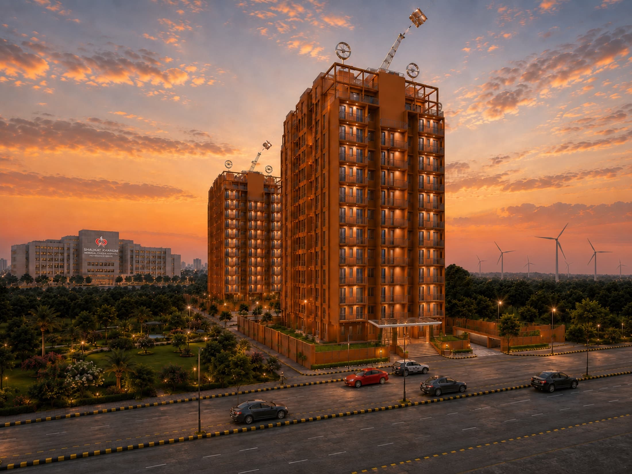 The two-block development within its green landscape at dawn