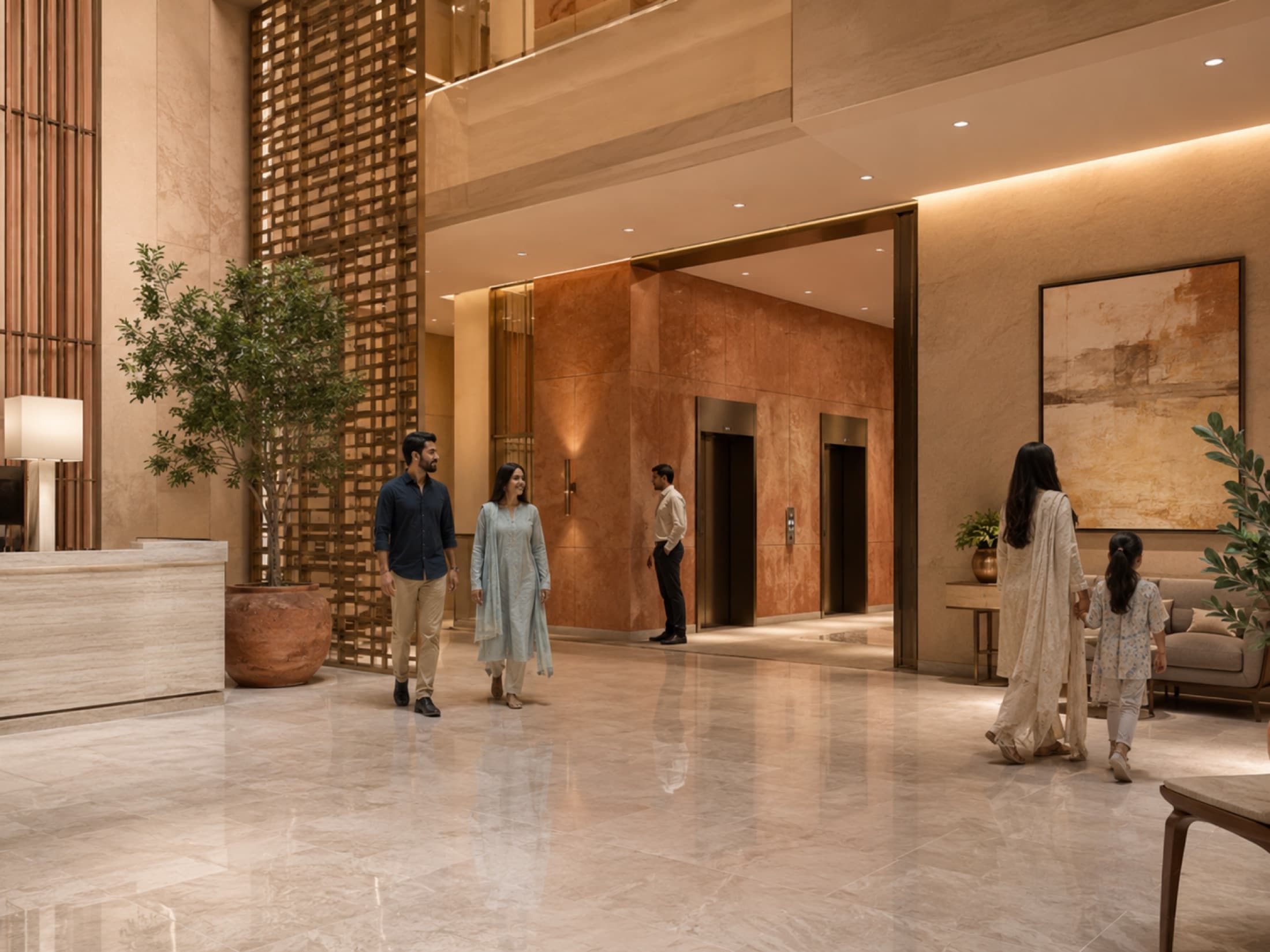 The elevator lobby on the building's circulation spine